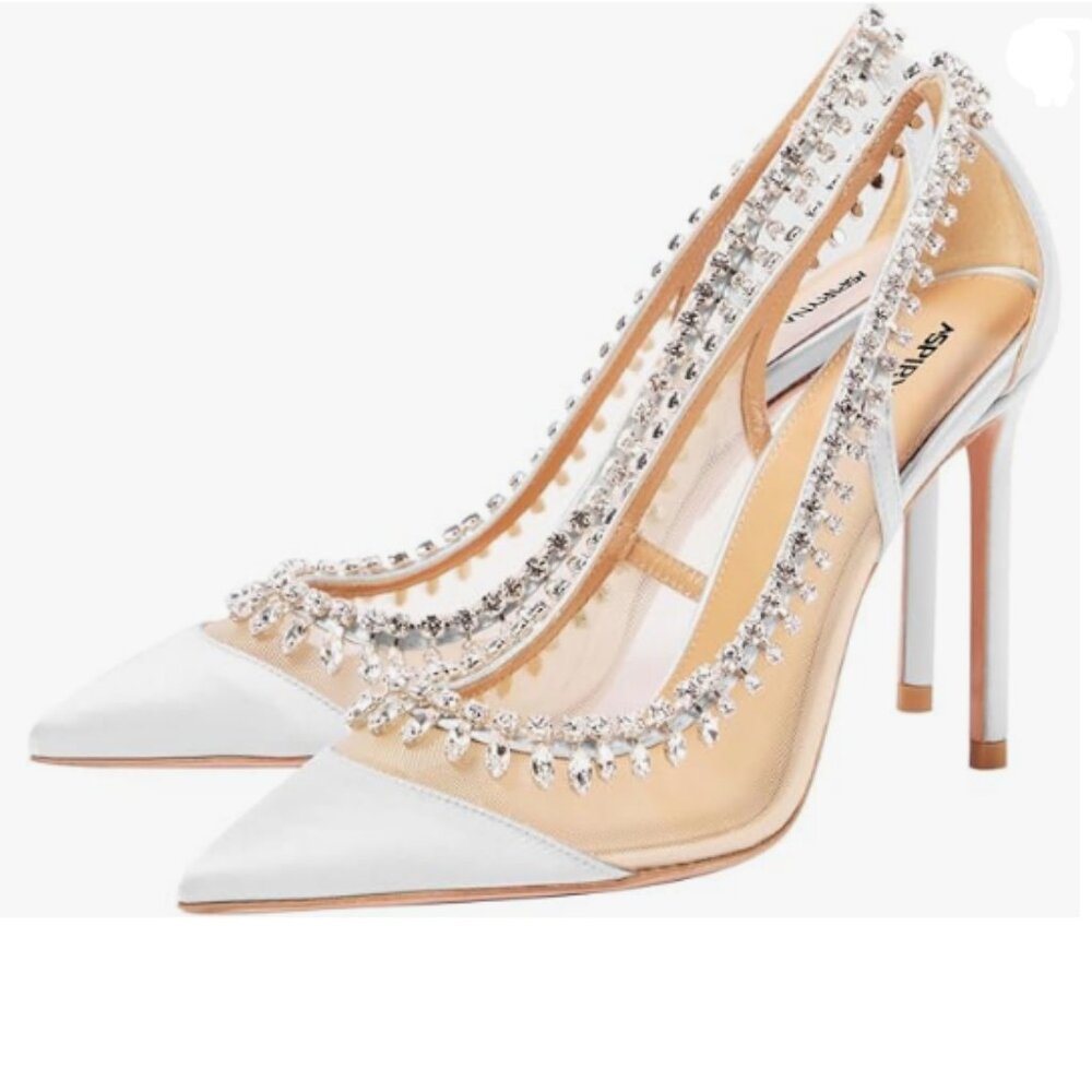 White Pointed Cap Toe Gorgeous Rhinestone Studded Pumps Mesh High Heel Shoes